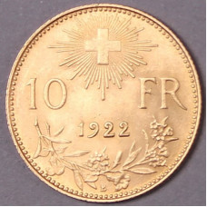 10 Fr Vreneli, 10 Swiss Francs gold coin of 1922, new