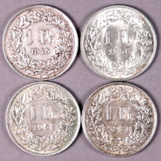 Lot of 36 Swiss coins of 1 franc in silver, years 1945 to 1960