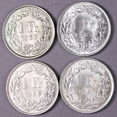 Lot of 63 Swiss coins of 1 franc in silver, years 1964 to 1967