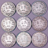 Lot de 60 pièces suisses de 2 francs en argent, années 1875 à 1939