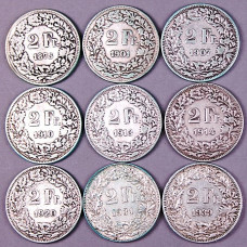 Lot of 60 Swiss coins of 2 francs in silver, years 1875 to 1939