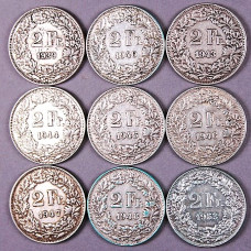 Lot of 72 Swiss coins of 2 francs in silver, years 1939 to 1953