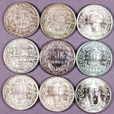 Lot of 87 Swiss coins of 2 francs in silver, years 1955 to 1967