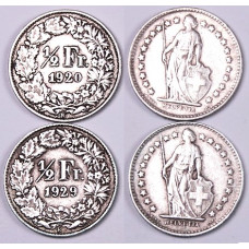 Lot of 11 Swiss coins of ½ franc (50 cts) in silver, years 1920 to 1929