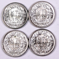 Lot of 124 Swiss coins of ½ franc (50 cts) in silver, years 1964 to 1967