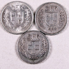 Lot of 20 Swiss coins of 5 francs in silver, years 1931 to 1933