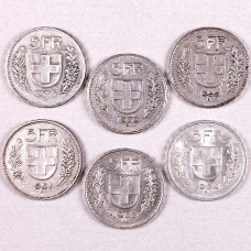 Lot of 19 Swiss coins of 5 francs in silver, years 1935 to 1954