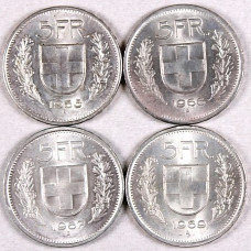 Lot of 18 Swiss coins of 5 francs in silver, years 1965 to 1969