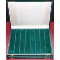 Presentation case for watches or jewels, dark green, 8 compartments, in very good condition